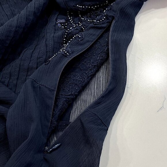 Maeve Anthropologie Helene Sheer Peplum Blouse Sequin Detail Navy Size 6 - Picture 8 of 8